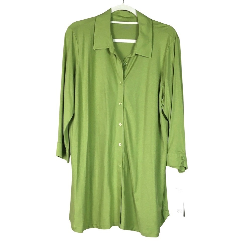 Eileen Fisher‎ Organic Cotton Classic Collar Shirt 1X Green R1OS-T2264X